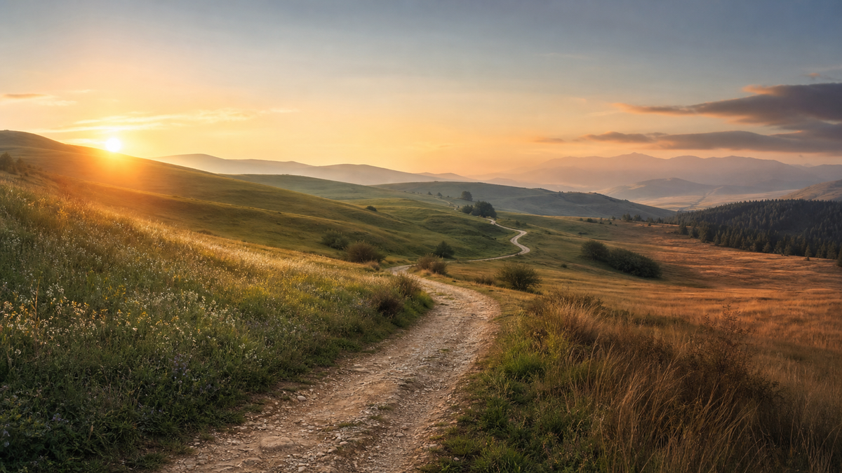 A winding path crosses green and golden hills beneath changing daylight.