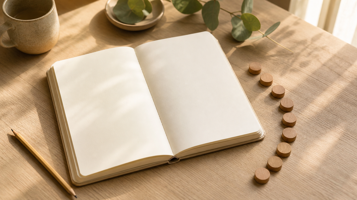 An open daily planner beside a pencil and nine wooden counting tokens in soft morning light.