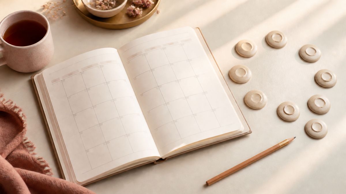 Monthly planner with nine ceramic tiles representing a Personal Month numerology cycle.