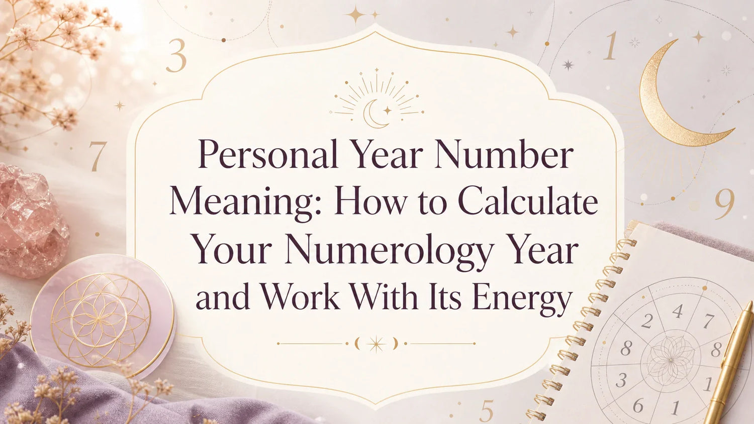 Woman journaling beside candles and crystals while reviewing her personal year number meaning in numerology