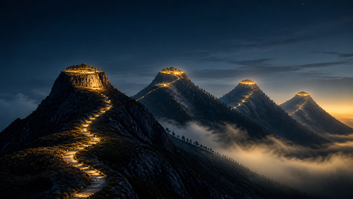 Four illuminated mountain peaks connected by a winding golden path beneath an indigo sky.