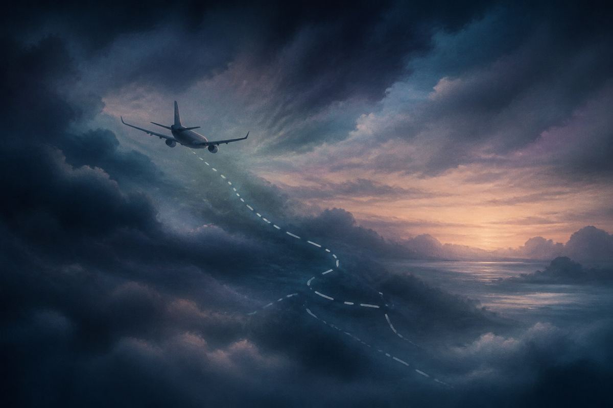 Dreamlike passenger plane flying through dark clouds along a broken path toward a calm horizon