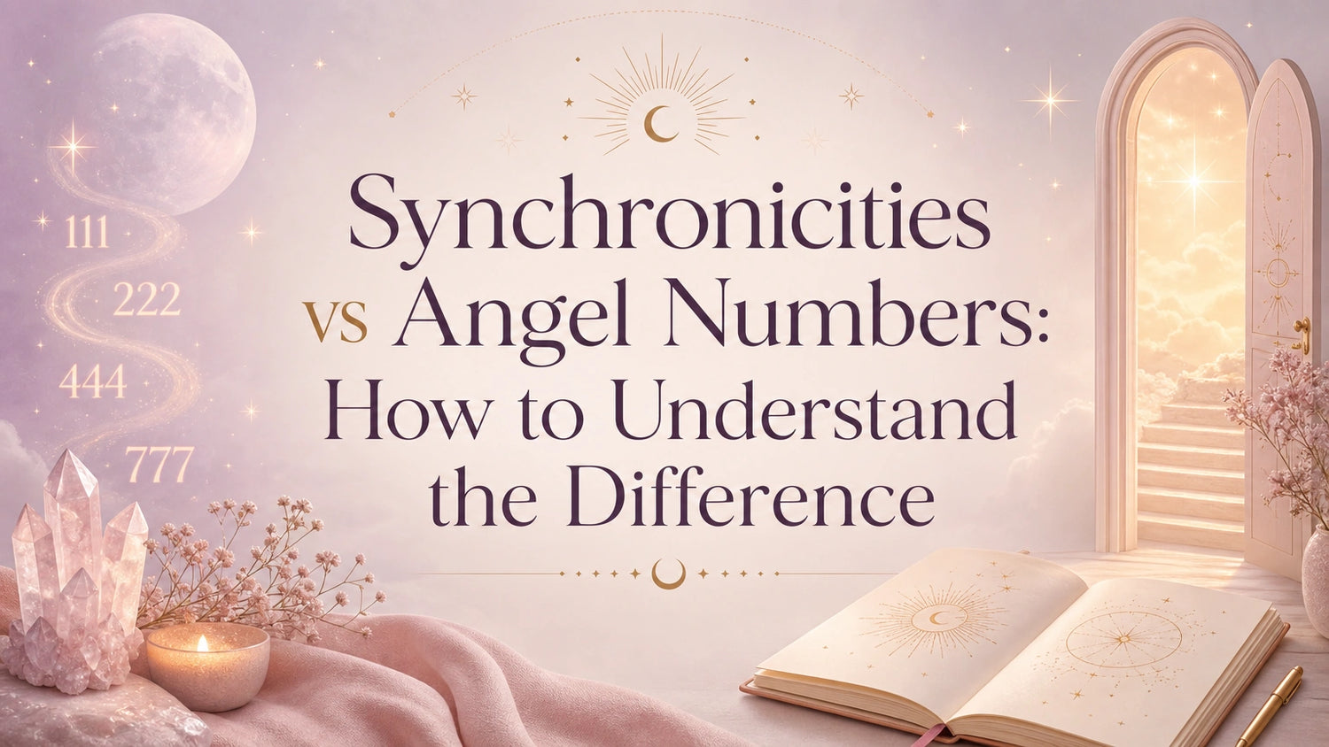 Woman reflecting on synchronicities vs angel numbers with journals, dreamy spiritual symbols, and repeating numbers
