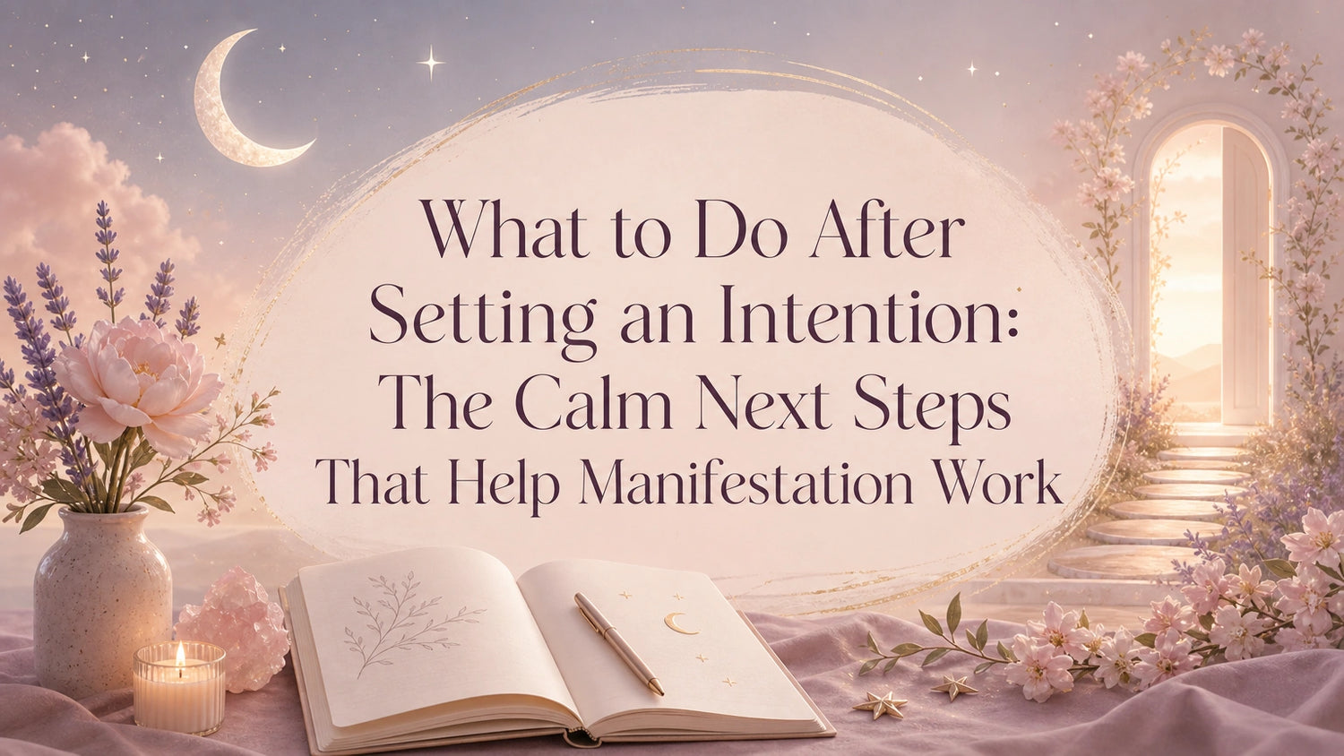 Woman journaling quietly after setting an intention, with candlelight and a calm, grounded manifestation ritual