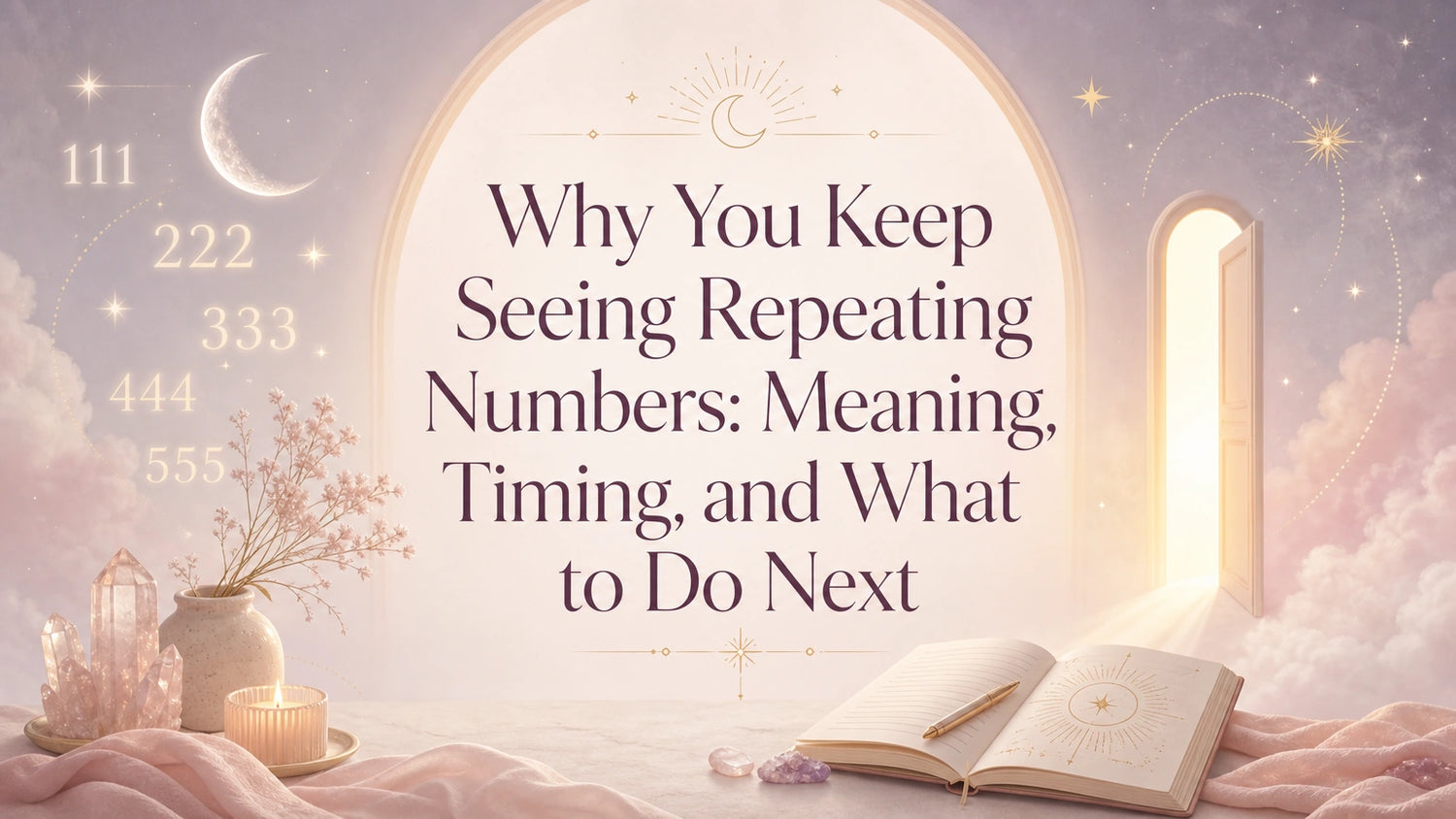 Woman reflecting with calm curiosity while seeing repeating numbers on a clock, symbolizing angel numbers, intuition, and manifestation
